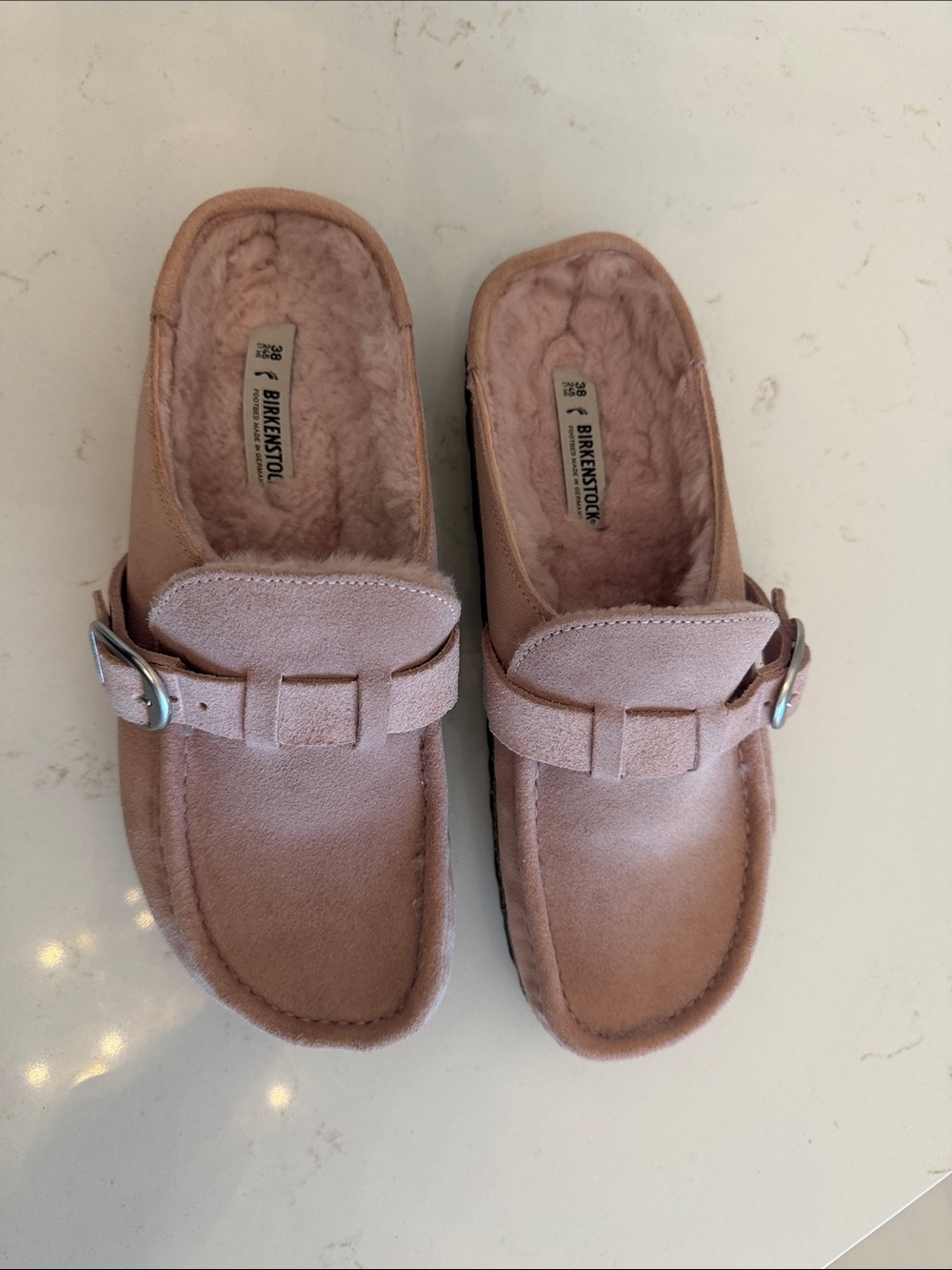 Birkenstock Women's Blush Pink Suede Shearling Clogs with Buckle
